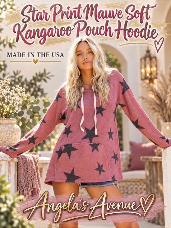 KFab Designs Tops - STAR Print Mauve Soft Kangaroo Pouch Hoodie NEW